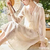 【MsMore】 新中式國風套裝裙盤扣白月光吊帶連身裙兩件式套裝# 121091 L 米色