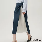 【MsMore】 風琴裙新款設計感氣質高腰直筒拼接半身裙長款# 121094 L 深藍色