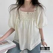 【Jilli~ko】韓版chic方領蕾絲薄款泡泡袖上衣女 J11684  FREE 白色