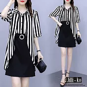 【Jilli~ko】假兩件寬鬆條紋拼接設計高腰雪紡連衣裙 J10703  FREE 黑色