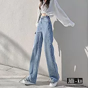 【Jilli~ko】多扣可調直筒牛仔褲女高腰顯瘦寬鬆中大尺碼 J11691  M 淺藍色