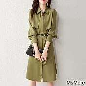 【MsMore】 時尚優雅軍綠純色襯衫領長袖連身裙中長版洋裝# 121036 2XL 軍綠色