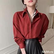 【MsMore】 法式高級設計感酒紅色長袖氣質時尚職業通勤襯衫短版上衣# 121053 L 酒紅色