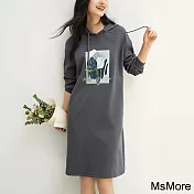 【MsMore】 高級灰色印花連帽長袖寬鬆休閒連身裙中長版洋裝# 121068 2XL 灰色