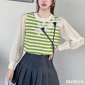【MsMore】 韓版圓領拼接撞色針織長袖短版上衣# 121121 FREE 綠色