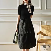 【初色】螺紋針織長袖肌理感拼接連衣裙連身洋裝長洋裝-共2款-32984(M-2XL可選) XL 黑色短袖