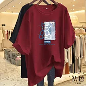 【初色】休閒寬鬆透氣大碼卡通印花圓領短袖T恤女上衣-(多款可選) 2XL E.酒紅色