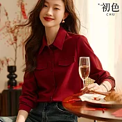 【初色】純色翻領單排扣寬鬆長袖襯衫上衣女上衣-深紅色-32687(M-2XL可選) M 深紅色