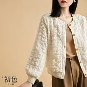 【初色】格紋褶皺圓領單排扣長袖夾克休閒外套女外套-白色-32684(M-2XL可選) M 白色