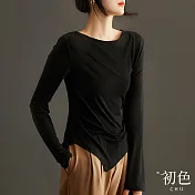 【初色】一字領不規則下擺側邊抓皺長袖T恤上衣女上衣-共3色-32655(M-XL可選) M 黑色