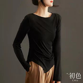 【初色】一字領不規則下擺側邊抓皺長袖T恤上衣女上衣-共3色-32655(M-XL可選) XL 黑色