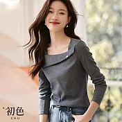 【初色】翻摺大方領薄款長袖T恤上衣女上衣-灰色-32695(M-2XL可選) XL 灰色