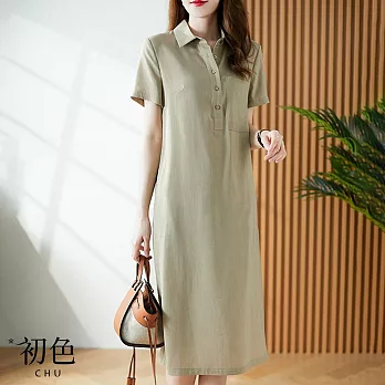 【初色】輕薄襯衫領純色中長款連衣裙短袖連身洋裝-共2色-68130(M-2XL可選) L 灰綠色