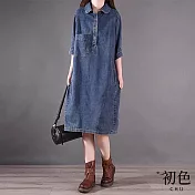 【初色】韓版寬鬆純色翻領五分袖牛仔襯衫裙中長裙連衣裙連身洋裝-藍色-32652(M-2XL可選) L 藍色