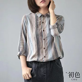 【初色】日系棉麻風復古直條紋長袖襯衫上衣女上衣-藍色-32645(M-2XL可選) M 藍色