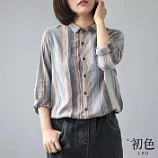 【初色】日系棉麻風復古直條紋長袖襯衫上衣女上衣-藍色-32645(M-2XL可選) XL 藍色