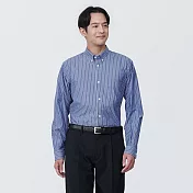 【MUJI 無印良品】男有機棉免熨燙扣領長袖襯衫 XL 深藍直紋