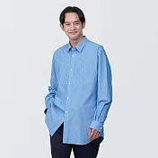 【MUJI 無印良品】男有機棉免熨燙舒適合身長袖襯衫 XL 藍直紋