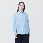 【MUJI 無印良品】女亞麻水洗標準領長袖襯衫 XL 淺藍直紋