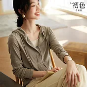 【初色】純色坑條紋短款長袖開衫單排釦休閒連帽針織外套女外套-綠灰色-32725(M-2XL可選) M 綠灰色