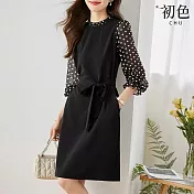 【初色】赫本風波點簡約休閒拼接顯瘦長袖連身裙洋裝-黑色-32797(M-2XL可選) XL 黑色