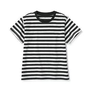【MUJI 無印良品】兒童棉混聚酯纖維圓領短袖T恤 110 黑橫紋