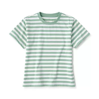 【MUJI 無印良品】兒童棉混聚酯纖維圓領短袖T恤 110 淡綠橫紋