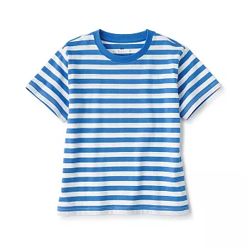 【MUJI 無印良品】兒童棉混聚酯纖維圓領短袖T恤 110 煙燻藍橫紋