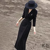 【初色】素色V領收腰顯瘦長袖西裝連衣裙長袖洋裝-黑色-32823(M-2XL可選) XL 黑色
