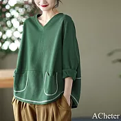 【ACheter】 時尚華夫格明線休閒寬鬆V領長袖上衣T恤短版# 120996 XL 綠色