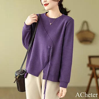 【ACheter】 韓版圓領寬鬆顯瘦純色休閒拼接上衣長袖短版# 120998 L 紫色