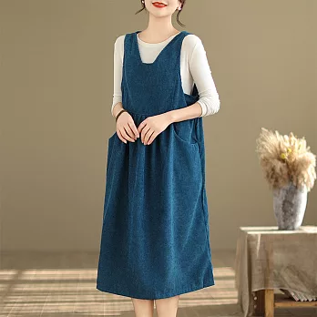 【ACheter】 休閒背帶連身裙復古燈芯絨時尚寬鬆大碼A字背心洋裝# 121015 FREE 藍色