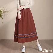 【ACheter】 棉麻半身裙復古國風文藝下擺印花長裙休閒寬鬆顯瘦# 121154 L 磚紅色