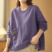 【ACheter】 長袖時尚百搭休閒圓領純色大碼寬鬆短版上衣# 121165 M 紫色