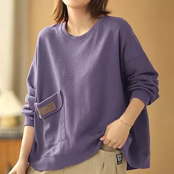 【ACheter】 長袖時尚百搭休閒圓領純色大碼寬鬆短版上衣# 121165 XL 紫色