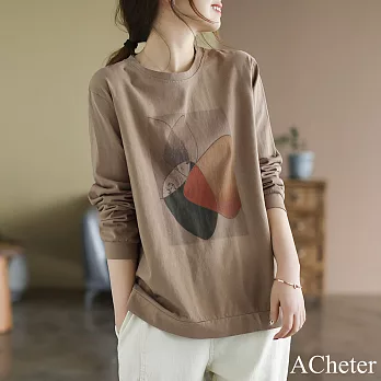 【ACheter】 文藝復古抽象印花棉高檔圓領長袖大碼t恤中長版上衣# 121166 XL 卡其色