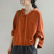 【ACheter】 棉連帽薄新款文藝時尚休閒系帶純色長袖短版上衣# 121169 M 橘色