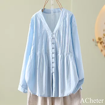 【ACheter】 中式風重工壓褶棉麻V領襯衫輕國風寬鬆顯瘦開衫長袖短版上衣# 120990 L 藍色