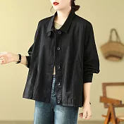 【ACheter】 寬鬆休閒百搭長袖上衣韓版文藝短款開衫外套# 120997 M 黑色