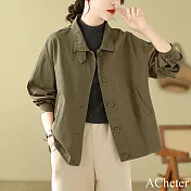 【ACheter】 寬鬆休閒百搭長袖上衣韓版文藝短款開衫外套# 120997 XL 軍綠色