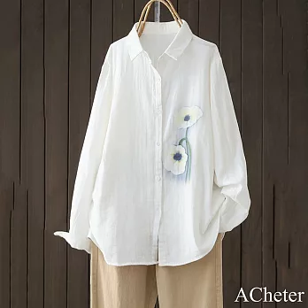 【ACheter】 棉麻感大碼文藝寬鬆休閒時尚印花長袖中長版襯衫上衣# 121016 L 白色