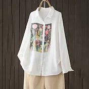 【ACheter】 棉麻感大碼文藝寬鬆休閒時尚印花長袖中長版襯衫上衣# 121016 L 米白色