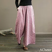 【ACheter】 復古棉麻感條紋闊腿褲顯瘦垂感休閒直筒九分褲# 121134 M 豆沙粉色