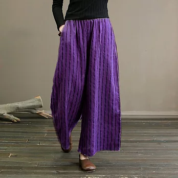 【ACheter】 復古棉麻感條紋闊腿褲顯瘦垂感休閒直筒九分褲# 121134 M 紫色