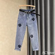 【ACheter】 淺色刺繡牛仔褲ins新款寬鬆顯瘦高腰哈倫九分小腳垮褲# 121156 M 藍色