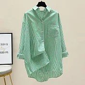 【ACheter】 棉條紋印花長袖襯衫新款韓版寬鬆簡約中長款防曬罩衫上衣# 121157 M 綠色