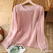 【ACheter】 新中式風尚棉麻感盤扣長袖上衣刺繡國風茶服寬鬆顯瘦短版# 121240 L 粉紅色