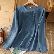 【ACheter】 新中式風尚棉麻感盤扣長袖上衣刺繡國風茶服寬鬆顯瘦短版# 121240 L 藍色