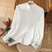 【ACheter】 新中式長袖國風盤扣刺繡暗紋緹花襯衫絲質白色短版上衣# 121241 L 白色