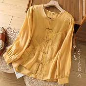 【ACheter】 中式盤扣長袖襯衫文藝復古氣質上衣刺繡精緻高端棉短版# 121242 2XL 黃色